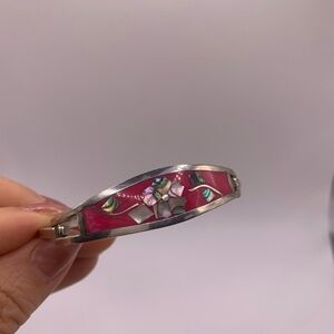 Vintage Mexico Alpaca silver pink shell inlay bangle